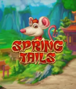 A charming illustration of a white rat wearing a red traditional Chinese outfit positioned in front of a scenic mountain backdrop. The image is for the Spring Tails Slot by Betsoft, showcased with striking red and gold logo lettering.